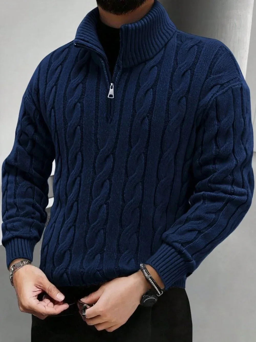 Blue Casual Men's Half-Zip Knit Polo Sweater